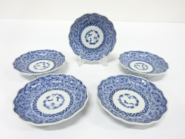 古伊万里　染付　みじん唐草　四寸皿　5客